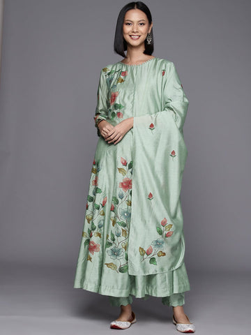 Sea Green Floral Printed Anarkali Kurta Paired With Bottom And Dupatta